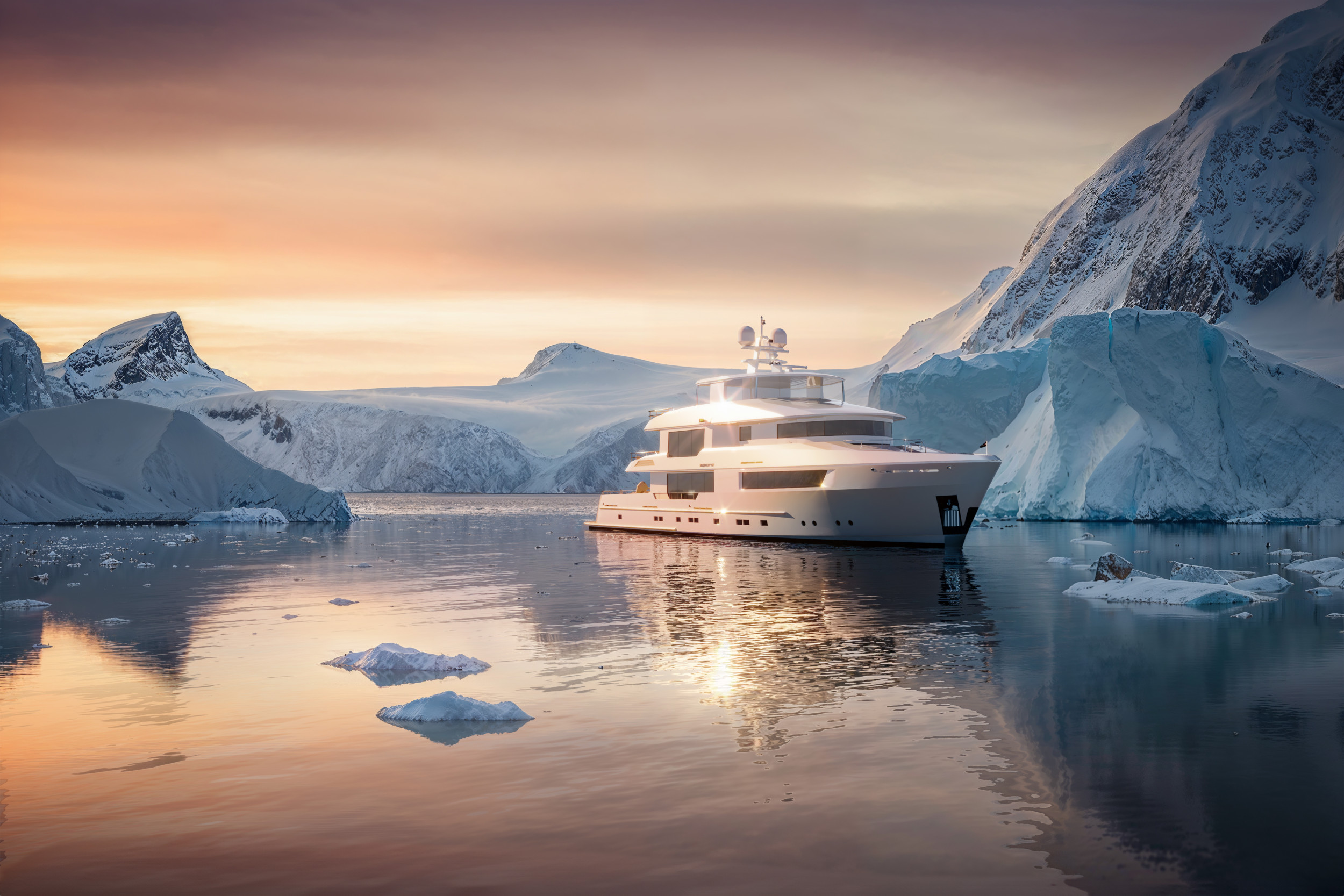 Antarctica cruise sunset. Winter arctic ocean. Generate Ai