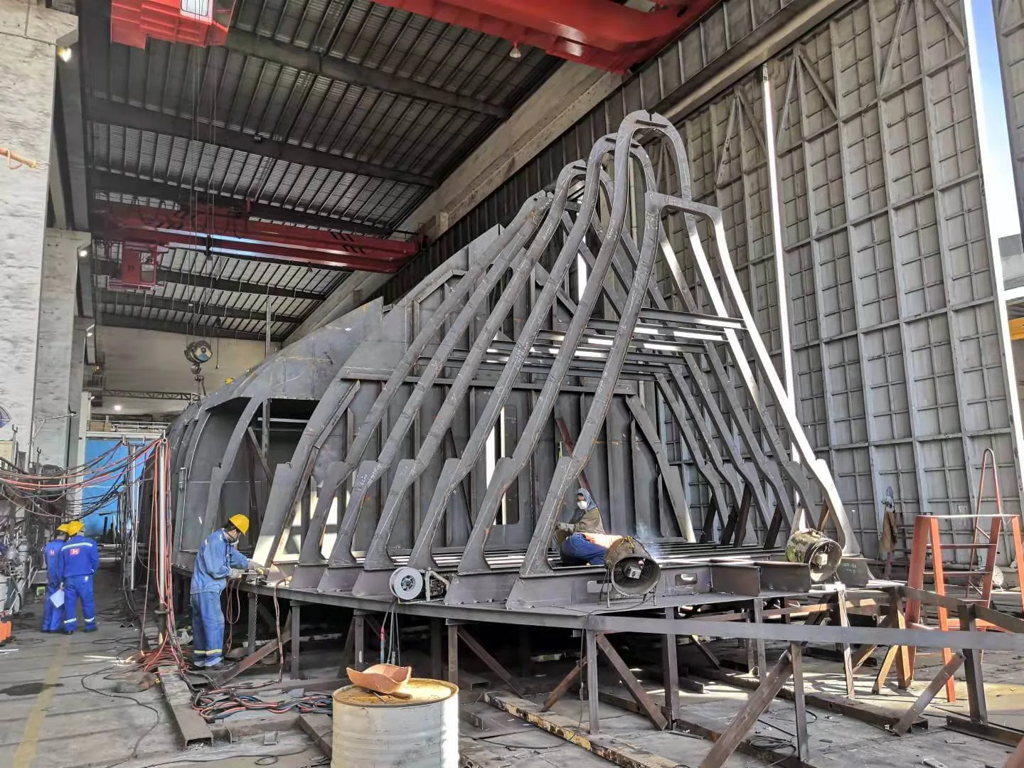 Steel hull frames under construction