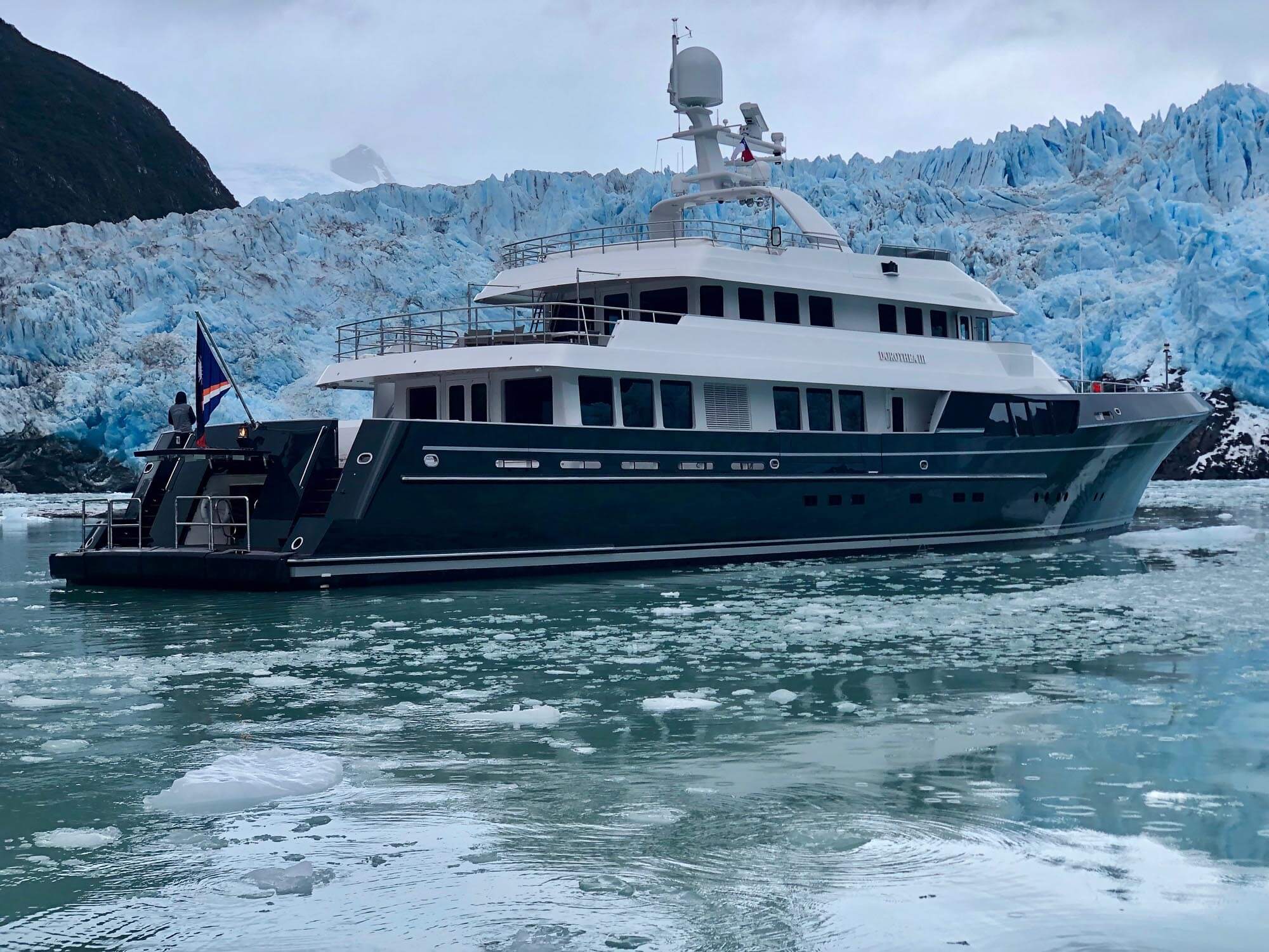 Best Explorer Yacht Dorothea III At the Amalia Glacier in Patagonia